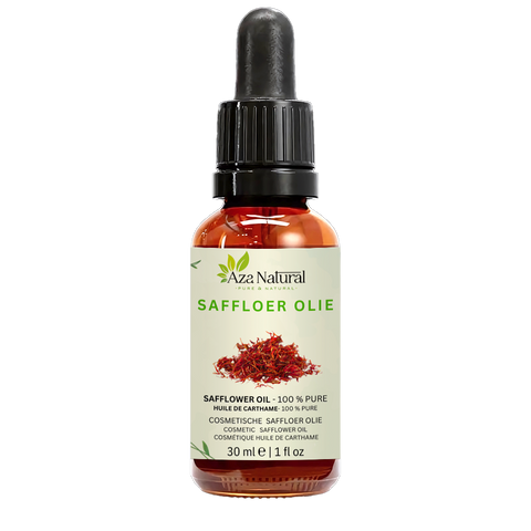 Flacon d’huile de carthame Aza Natural, 30 ml, verre foncé avec pipette, étiquette avec des fleurs de carthame rouges