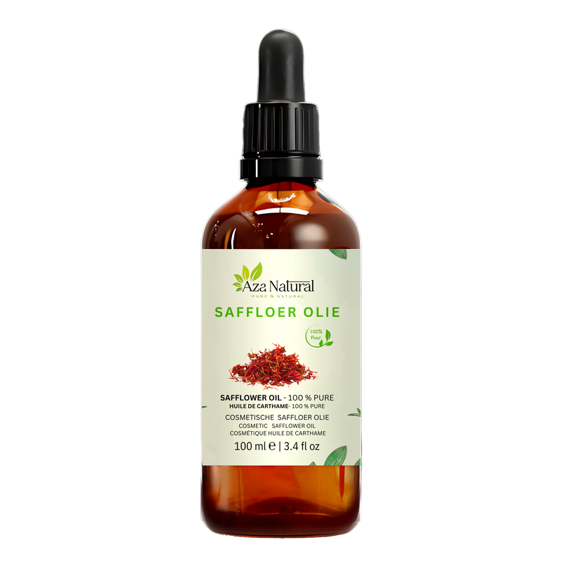 Saffloerolie 100 ml van Aza Natural, fles van donker glas met pipet en een etiket met rode saffloerbloemen