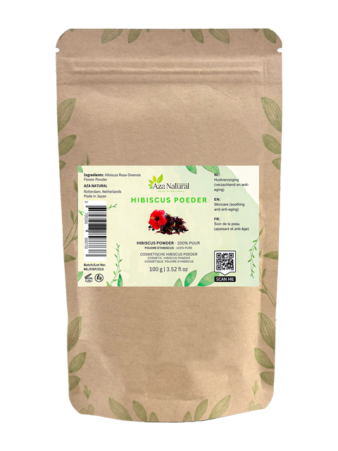 Beutel Hibiskuspulver von Aza Natural, 100 g, Kraftpapier mit Zip, Etikett mit roter Hibiskusblüte und Blütenblättern