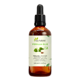 Perilla olie 100 ml van Aza Natural, fles van donker glas met pipet en een etiket met perillabladeren en zaad