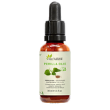 Fles perilla olie van Aza Natural, 30 ml, donker glas met pipet en een etiket met perillabladeren en een hoopje zaad