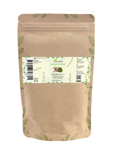 Sachet de poudre d’indigo Aza Natural, 250 grammes, papier kraft zippé, étiquette avec une fleur rose et de la poudre verte