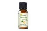 Huile de gingembre 30 ml Aza Natural, flacon en verre brun à bouchon noir, étiquette vert clair avec une racine de gingembre