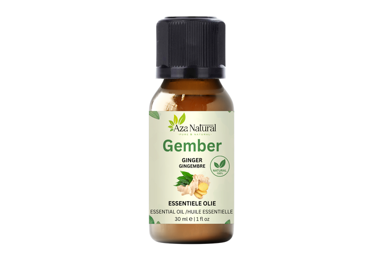 Ingweröl 30 ml von Aza Natural, Fläschchen aus braunem Glas mit schwarzem Deckel, hellgrünes Etikett mit einer Ingwerwurzel