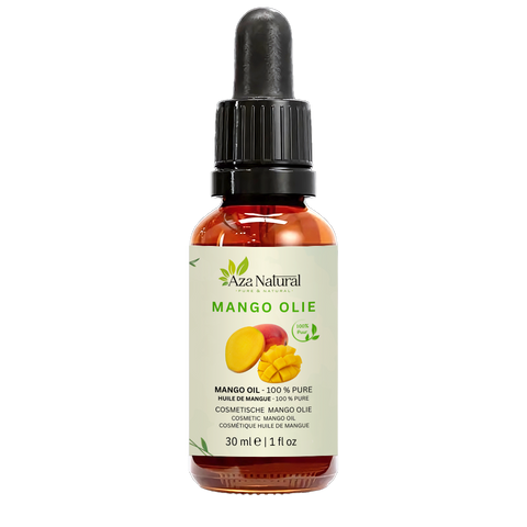 Flacon d’huile de mangue Aza Natural, 30 ml, verre foncé avec pipette, étiquette avec une mangue entière et une mangue coupée