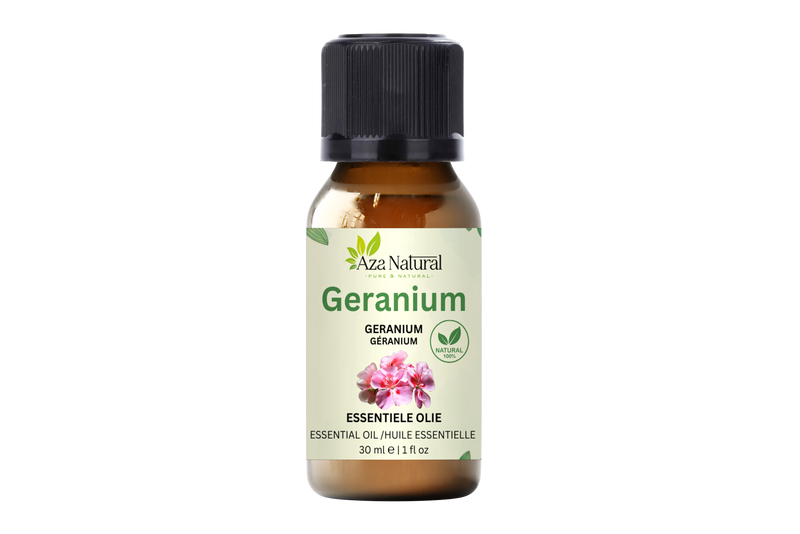 Geranienöl 30 ml von Aza Natural, Fläschchen aus braunem Glas mit schwarzem Deckel und ein Etikett mit rosa Geranienblüten
