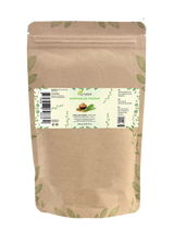 Sachet de poudre de feuilles de curry Aza Natural, 250 g, kraft avec zip et une étiquette avec un bol de poudre brun-vert