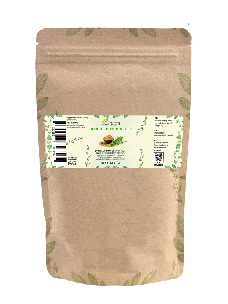 Zak kerrieblad poeder van Aza Natural, 250 gram, kraftpapier met rits en een etiket met een schaaltje groenbruin poeder