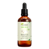 Fles emu olie van Aza Natural, 100 ml, donker glas met pipet en een etiket met een stukje wit emoevet