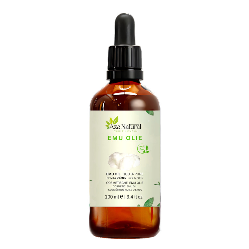Flasche Emu-Öl von Aza Natural, 100 ml, dunkles Glas mit Pipette und ein Etikett mit einem Stück weißem Emufett