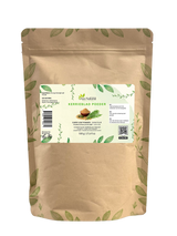 Sachet de poudre de feuilles de curry Aza Natural, 500 g, kraft avec zip et une étiquette avec un bol de poudre brun-vert