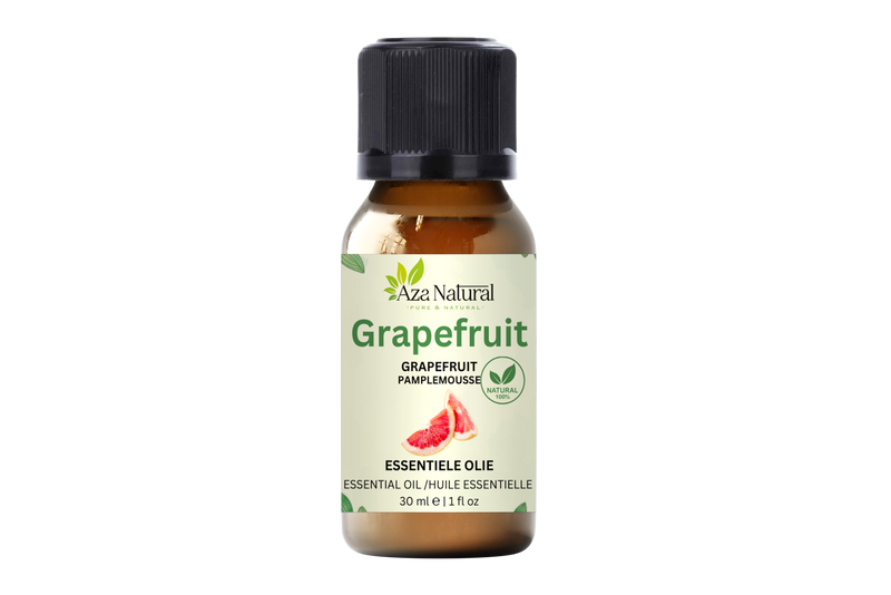 Grapefruitöl 30 ml von Aza Natural, Fläschchen aus braunem Glas, schwarzer Verschluss, grünes Etikett mit Grapefruitspalten