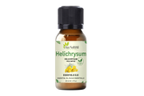 Helichrysum etherische olie 30 ml van Aza Natural, flesje van bruin glas met zwarte dop en een etiket met gele strobloemen