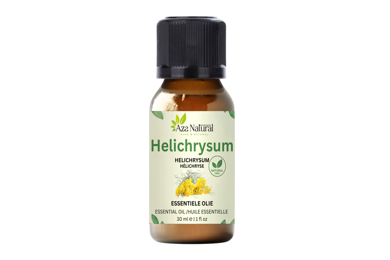 Helichrysumöl 30 ml von Aza Natural, Fläschchen aus braunem Glas mit schwarzem Verschluss, Etikett mit gelben Strohblumen