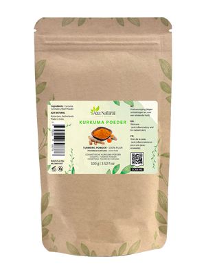 Zak kurkuma poeder van Aza Natural, 100 gram, kraftpapier met rits en een etiket met geel poeder en wortelstokken