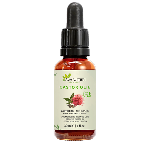 Fles castorolie van Aza Natural, 30 ml, donker glas met pipet en een etiket met een ricinusbloem