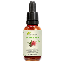 Fles castorolie van Aza Natural, 30 ml, donker glas met pipet en een etiket met een ricinusbloem