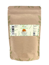 Sachet de poudre de curcuma Aza Natural, 250 grammes, papier kraft zippé, étiquette avec poudre jaune et rhizomes
