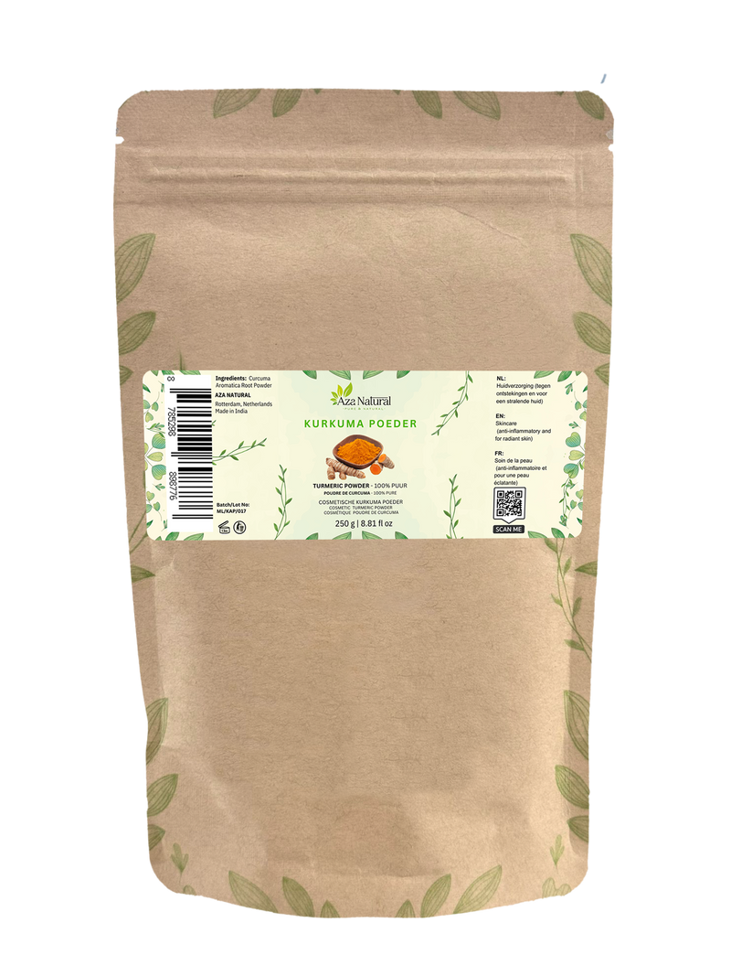 Beutel Kurkumapulver von Aza Natural, 250 Gramm, Kraftpapier mit Zip, Etikett mit gelbem Pulver und Wurzelstöcken