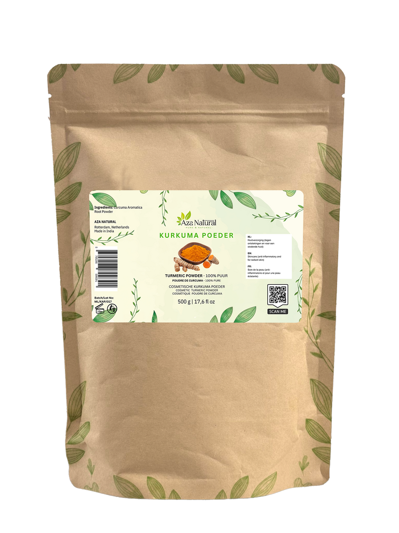 Beutel Kurkumapulver von Aza Natural, 500 Gramm, Kraftpapier mit Zip, Etikett mit gelbem Pulver und Wurzelstöcken