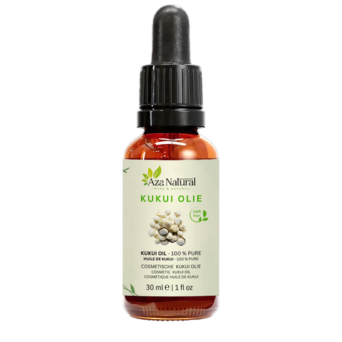 Flacon d’huile de kukui Aza Natural, 30 ml, verre foncé avec pipette et une étiquette avec un tas de noix de kukui claires