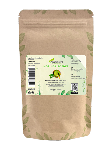 Beutel Moringa-Pulver von Aza Natural, 100 g, Kraftpapier mit Reißverschluss und ein Etikett mit einer Schale grünem Pulver