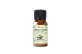 Fläschchen Wacholderöl von Aza Natural, 10 ml, Braunglas mit schwarzem Deckel, grünes Etikett mit einem Zweig Wacholderbeeren