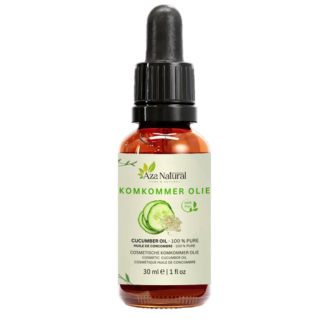 Flacon d’huile de concombre Aza Natural, 30 ml, verre foncé avec pipette, étiquette avec rondelles et graines de concombre