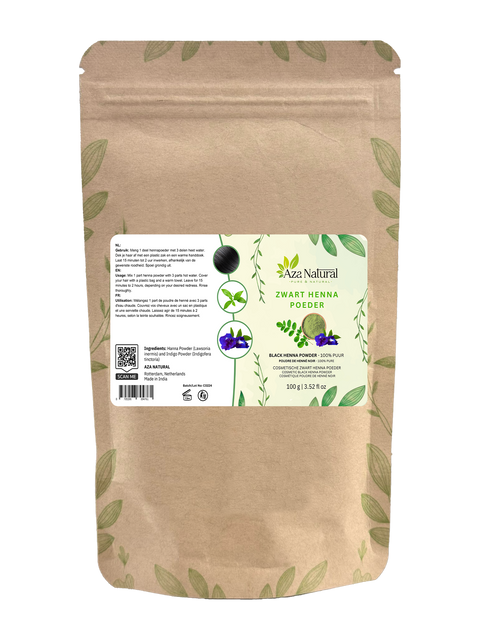 Zak zwarte henna poeder van Aza Natural, 100 gram, kraftzak met rits en een etiket met hennablad en indigobloem