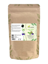 Zak zwarte henna poeder van Aza Natural, 100 gram, kraftzak met rits en een etiket met hennablad en indigobloem