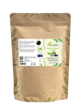 Zak zwarte henna poeder van Aza Natural, 400 gram, kraftzak met rits en een etiket met hennablad en indigobloem