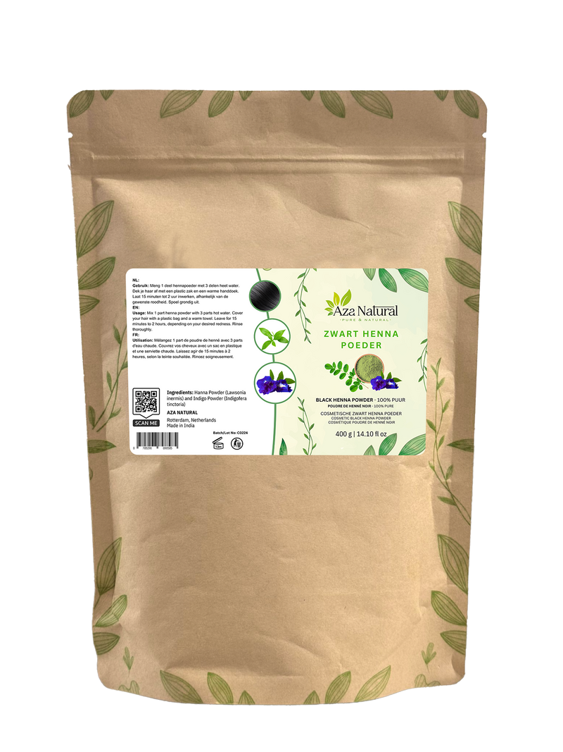 Beutel schwarzes Henna-Pulver von Aza Natural, 400 g, Kraftbeutel mit Reißverschluss, Etikett mit Hennablatt und Indigoblüte