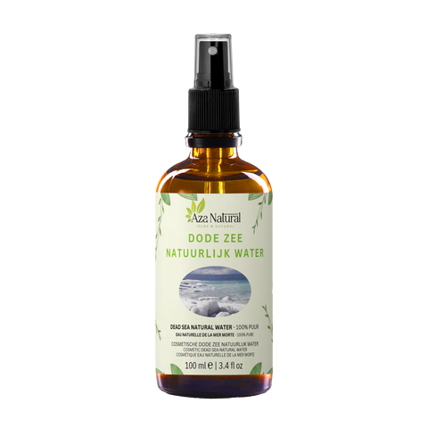 Sprayfles Dode Zee water natuurlijk van Aza Natural, 100 ml, bruin glas met zwarte verstuiver en etiket met een zoutkust