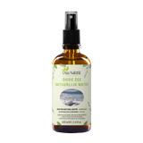 Sprayfles Dode Zee water natuurlijk van Aza Natural, 100 ml, bruin glas met zwarte verstuiver en etiket met een zoutkust