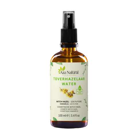 Fläschchen Hamameliswasser von Aza Natural, 100 ml, braunes Glas mit Sprühkopf, Etikett Toverhazelaar water mit gelben Blüten