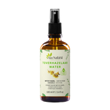 Flesje witch hazel water van Aza Natural, 100 ml, bruin glas met sprayknop, etiket Toverhazelaar water met gele bloemen