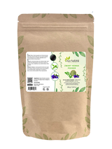 Zak zwarte henna poeder van Aza Natural, 200 gram, kraftzak met rits en een etiket met hennablad en indigobloem