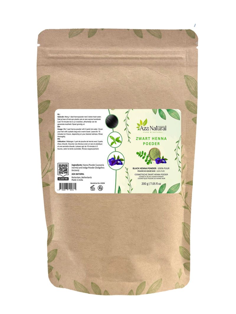 Beutel schwarzes Henna-Pulver von Aza Natural, 200 g, Kraftbeutel mit Reißverschluss, Etikett mit Hennablatt und Indigoblüte