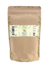 Sachet de poudre d’amla Aza Natural, 250 g, papier kraft avec zip, étiquette avec poudre brun clair et fruits d’amla verts