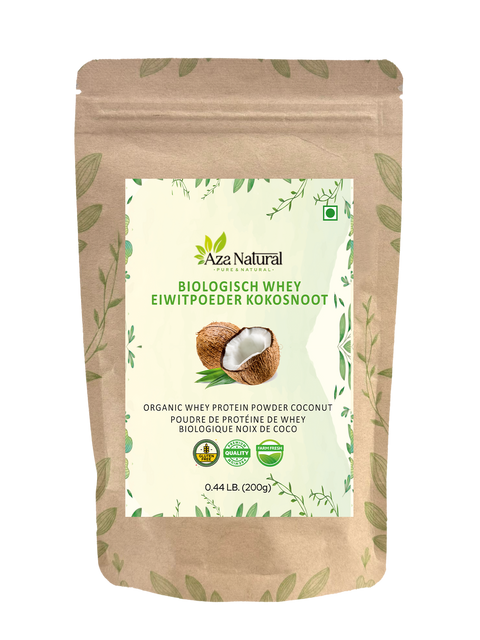 Sachet de whey protéine coco d’Aza Natural, 200 g, sachet en papier kraft avec étiquette vert clair et deux noix de coco