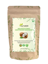Beutel Whey Eiweißpulver Kokos von Aza Natural, 200 g, Kraftpapierbeutel mit hellgrünem Etikett und zwei Kokosnüssen