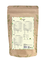 Rückseite des Beutels Whey Eiweißpulver Kokos von Aza Natural mit Nährwerttabelle, Chargennummer und Barcode