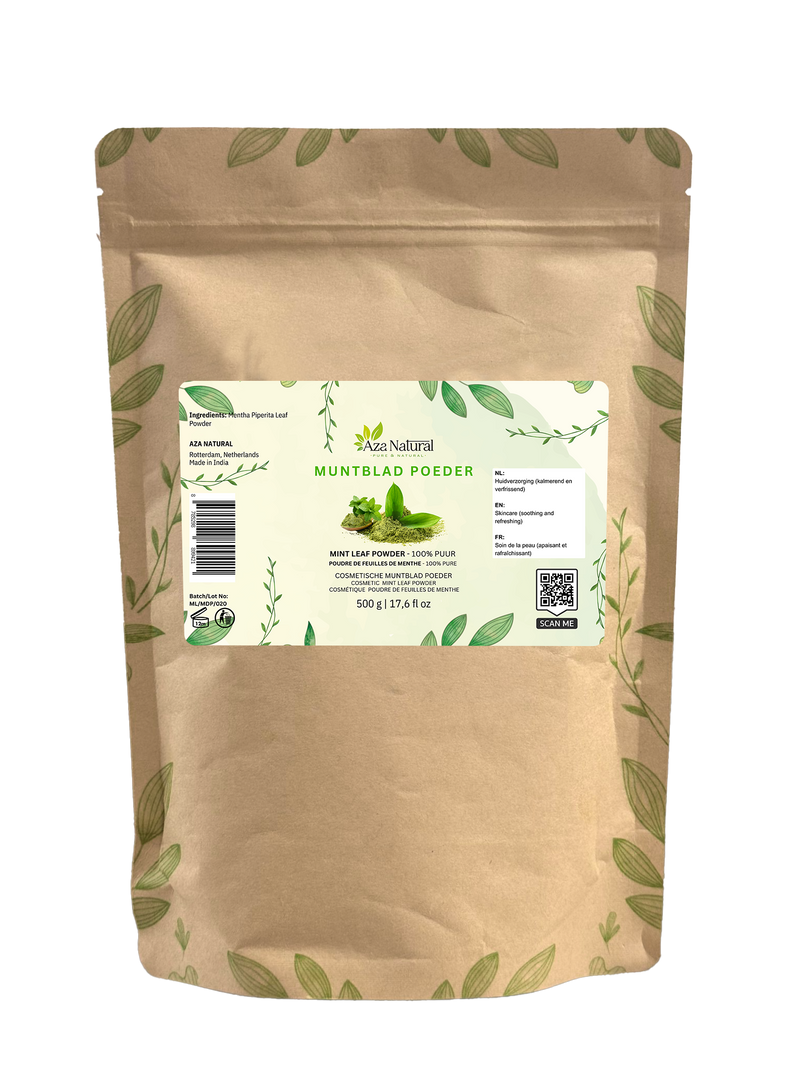 Beutel Minzblattpulver von Aza Natural, 500 Gramm, Kraftpapier mit Zip, Etikett mit Minzblättchen und grünem Pulver