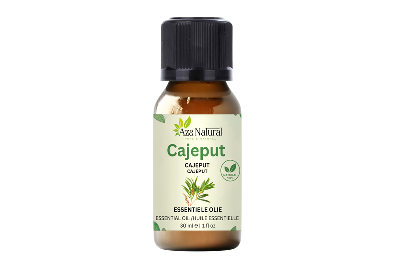 Cajeputöl 30 ml von Aza Natural, braunes Glas mit schwarzem Deckel, grünes Etikett mit dem Namen Cajeput und Zweig
