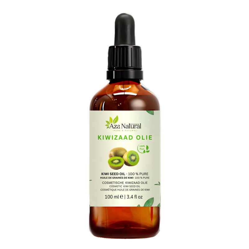 Kiwizaad olie 100 ml van Aza Natural, fles van donker glas met pipet en een etiket met twee kiwihelften
