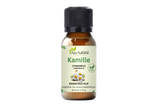 Kamille olie 30 ml van Aza Natural, flesje van bruin glas met zwarte dop en een etiket met witte kamillebloemen