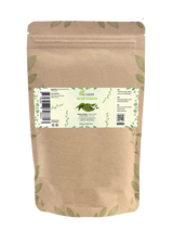 Zak neem poeder van Aza Natural, 250 gram, kraftpapier met ritssluiting en een etiket met neembladeren en groen poeder