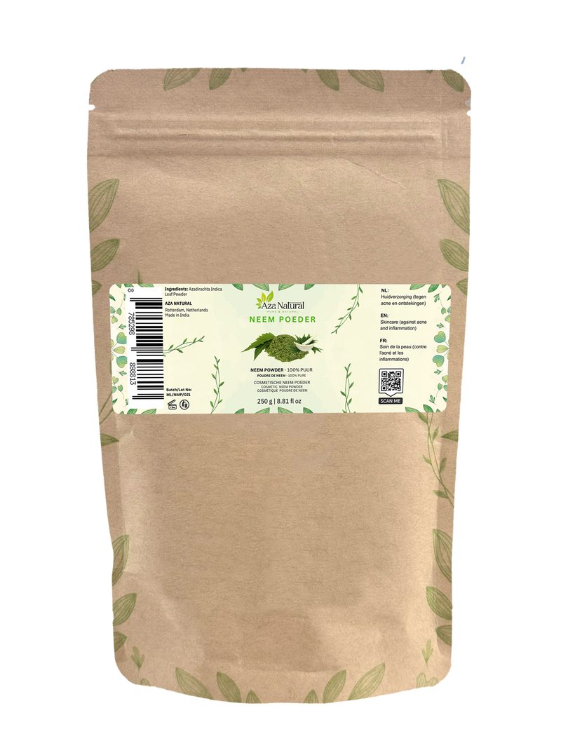 Beutel Neempulver von Aza Natural, 250 Gramm, Kraftpapier mit Zip, Etikett mit Neemblättern und grünem Pulver