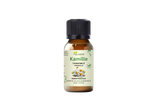 Flesje kamille olie van Aza Natural, 10 ml, bruin glas met zwarte dop en een etiket met witte kamillebloemen