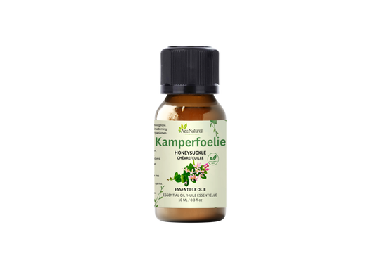 Flesje kamperfoelie olie van Aza Natural, 10 ml, bruin glas met zwarte dop en een etiket met kamperfoeliebloemen